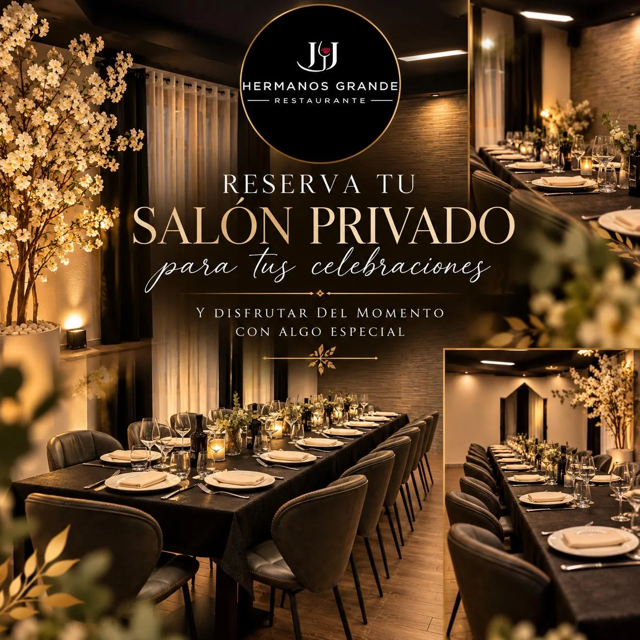 Salón privado de Hermanos Grande con la mesa preparada para una celebración